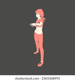 Standing woman. Sport girl illustration. Casual sportwear - t-shirt, breeches and sneakers. Young woman wearing workout clothes. Sport fashion girl outline in urban casual style.