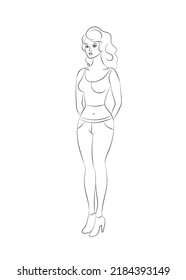 A standing woman in the style of line art. Beautiful girl in full height. Cartoon woman 