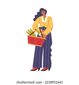 Standing woman in a supermarket with a shopping basket full of goods. Cheerful female character in trendy outfut buys food in grocery store. Minimalistic flat hand-drawn isolated illustration