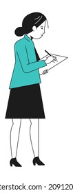 Standing woman taking notes. Girl writing on paper