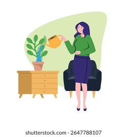 Standing woman watering a potted plant with a yellow watering can near a dresser and chair in a cozy living room, creating a sense of peace and domesticity suitable for lifestyle and home decor.