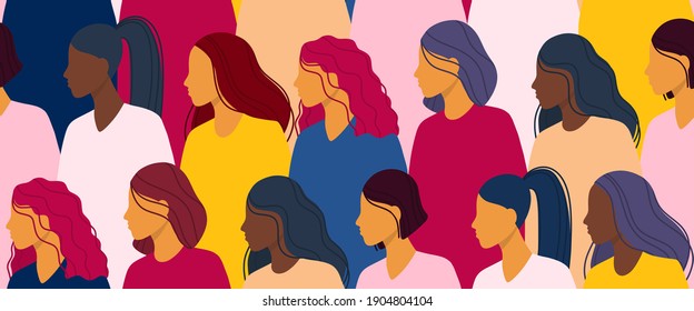 Standing women with different ethnicity seamless pattern. Colorful flat vector design.