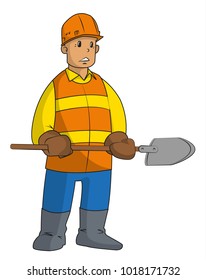 Standing worker is holding a shovel. Vector flat color illustration. Isolated on white background