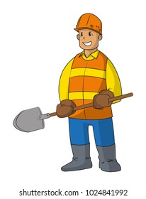 Standing worker is holding a shovel. Vector flat color illustration. Isolated on white background