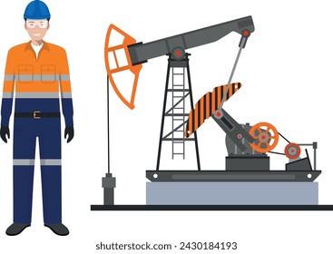 Standing Worker in Work Uniform, Safety Helmet and Oil Pump in Flat Style. Vector Illustration