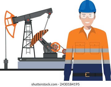 Standing Worker in Work Uniform, Safety Helmet and Oil Pump in Flat Style. Vector Illustration