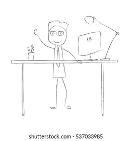 Standing workplace. Man in a office standing desk. Vector illustration. Stand work table.