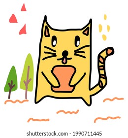 Standing yellow cat, hand drawn cartoon character, cute vector illustration with trees in the background.