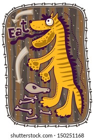 Standing a yellow dragon with big dark tongue. Above the text of the tongue I eat. Under the feet of the dragon and the bones of the skull. Frame of bones. Arrows indicate the text and bone. 