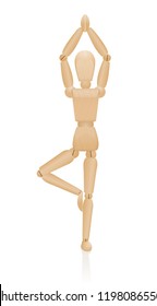 Standing yoga pose. Tree Pose or Vrikshasana. Wooden figure standing on one leg with arms raised above the head -   exercise for balance, relaxation, concentration and  meditation.  Vector over white.