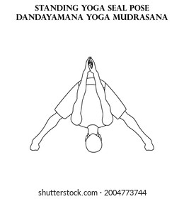 Standing yoga seal pose yoga workout. Dandayanma Yoga Mudrasana. Man doing yoga illustration outline on the white background. Vector illustration
