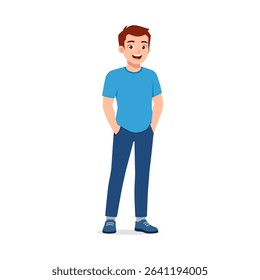 Standing Young Asian Man Smiling with Hands in Pockets Wearing Blue T-shirt in Cartoon Style