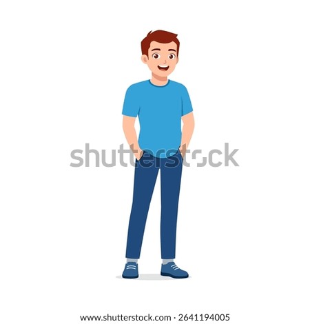 Standing Young Asian Man Smiling with Hands in Pockets Wearing Blue T-shirt in Cartoon Style