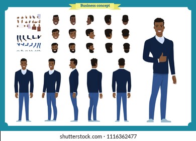 Standing young Black american businessman. Male Student.Front, side, back view animated character. Man character constructor with various views, hairstyles, face emotions. cartoon flat vector isolated