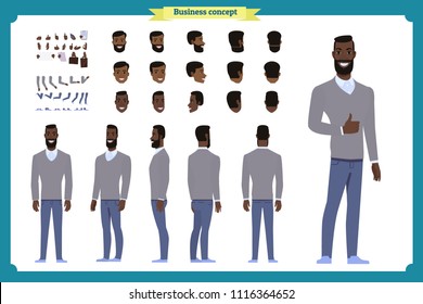 Standing Young Black American Businessman. Male Student.Front, Side, Back View Animated Character. Man Character Constructor With Various Views, Hairstyles, Face Emotions. Cartoon Flat Vector Isolated