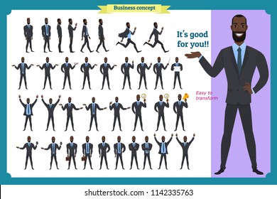 Standing young Black american businessman. Male Student.Front, side, back view animated character. Man character constructor with various views, hairstyles,modern design. cartoon flat vector isolated
