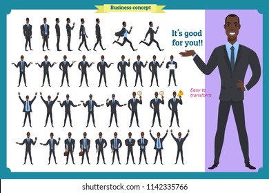 Standing young Black american businessman. Male Student.Front, side, back view animated character. Man character constructor with various views, hairstyles,modern design. cartoon flat vector isolated