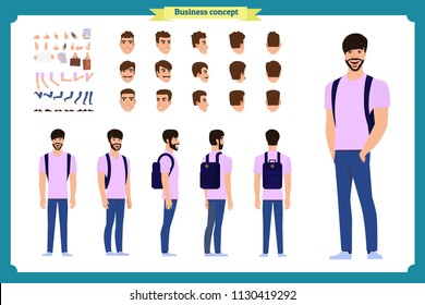 Standing young boy. Male Student Character Creation Kit Template with Different Hair Colors, Body Parts and Accessories. isolated Vector Illustration.Man character constructor.Business college