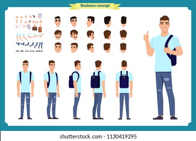 Standing young boy. Male Student Character Creation Kit Template with Different Hair Colors, Body Parts and Accessories. isolated Vector Illustration.Man character constructor.Business college