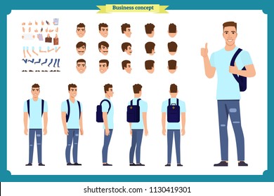 Standing young boy. Male Student Character Creation Kit Template with Different Hair Colors, Body Parts and Accessories. isolated Vector Illustration.Man character constructor.Business college