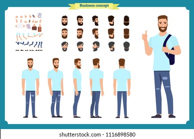 Standing young boy. Male Student.Front, side, back view animated character. Man character constructor with various views, hairstyles, face emotions. cartoon flat vector isolated.Business college