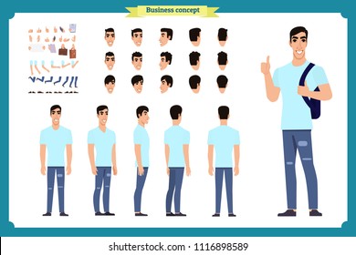 Standing young boy. Male Student.Front, side, back view animated character. Man character constructor with various views, hairstyles, face emotions. cartoon flat vector isolated.Business college