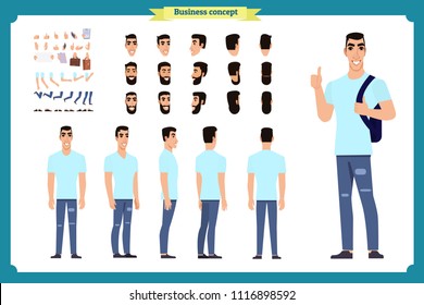 Standing young boy. Male Student.Front, side, back view animated character. Man character constructor with various views, hairstyles, face emotions. cartoon flat vector isolated.Business college