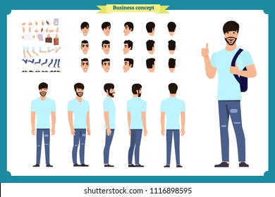 Standing young boy. Male Student.Front, side, back view animated character. Man character constructor with various views, hairstyles, face emotions. cartoon flat vector isolated.Business college