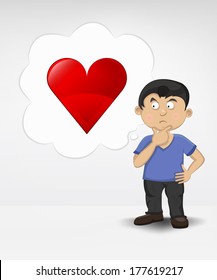 standing young boy thinking about love vector illustration
