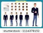 Standing young businessman. Male Student.Front, side, back view animated character. Man character constructor with various views, hairstyles, face emotions. cartoon flat vector isolated. business