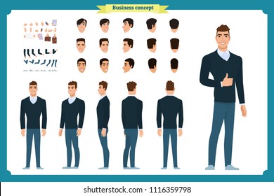 Standing young businessman. Male Student.Front, side, back view animated character. Man character constructor with various views, hairstyles, face emotions. cartoon flat vector isolated. business