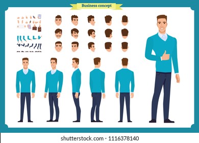 Standing young businessman. Male Student.Front, side, back view animated character. Man character constructor with various views, hairstyles, face emotions. cartoon flat vector isolated. business