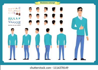 Standing young businessman. Male Student.Front, side, back view animated character. Man character constructor with various views, hairstyles, face emotions. cartoon flat vector isolated. business