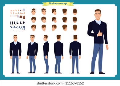 Standing young businessman. Male Student.Front, side, back view animated character. Man character constructor with various views, hairstyles, face emotions. cartoon flat vector isolated. business