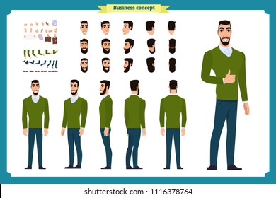 Standing young businessman. Male Student.Front, side, back view animated character. Man character constructor with various views, hairstyles, face emotions. cartoon flat vector isolated. business