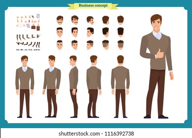 Standing young businessman. Male Student.Front, side, back view animated character. Man character constructor with various views, hairstyles, face emotions. cartoon flat vector isolated. business.male