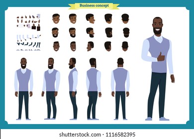 Standing young businessman. Male Student.Front, side, back view animated character. Man character constructor with various views, hairstyles, face emotions.cartoon flat vector isolated.male teacher