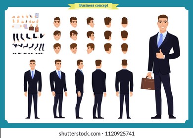 Standing young businessman. Male Student.Front, side, back view animated character. Man character constructor with various views, hairstyles, face emotions. cartoon flat vector isolated. business