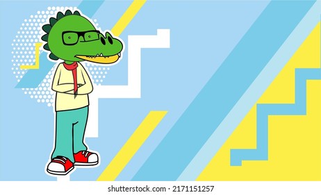 standing young crocodile cartoon with fashion clothing background in vector format