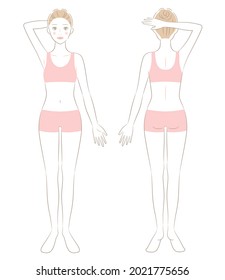 standing young female body in sports bra and shorts. isolated on white background