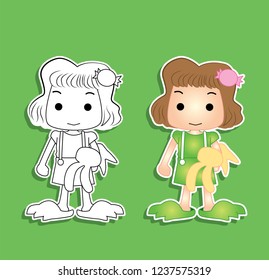 Standing young girl black and white color and colorful color hold rabbit doll with monster sandals illustration paper cut style