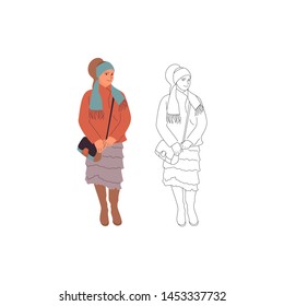 Standing young girl character in dress, with bag, casual outfit. Isolated on white. Flat style colorful and monochrome cartoon stock vector illustration.
