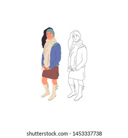 Standing young girl character in dress, casual outfit. Isolated on white. Flat style colorful and monochrome cartoon stock vector illustration.
