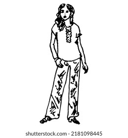 Standing young girl wearing pants   t  shirt  Akimbo pose  Hand drawn linear doodle rough sketch  Black silhouette white background 