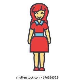Standing young happy woman in cute dress concept. Line vector icon. Editable stroke. Flat linear illustration isolated on white background