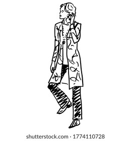 Standing young lady in fancy clothes. Modern girl in pants and jacket. Hand drawn linear doodle sketch. Black and white silhouette.