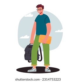 Joven de pie con una mochila en las manos. Carácter masculino en pleno crecimiento. Escolar sonriente o estudiante de color sobre el fondo de las nubes. Ilustración de estilo plana vectorial aislada en blanco.