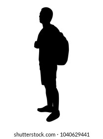 Standing young man with backpack silhouette vector