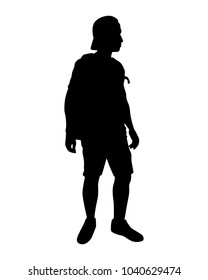 Standing young man with backpack silhouette vector