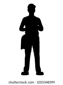 Standing young man with cap and mailbag silhouette vector